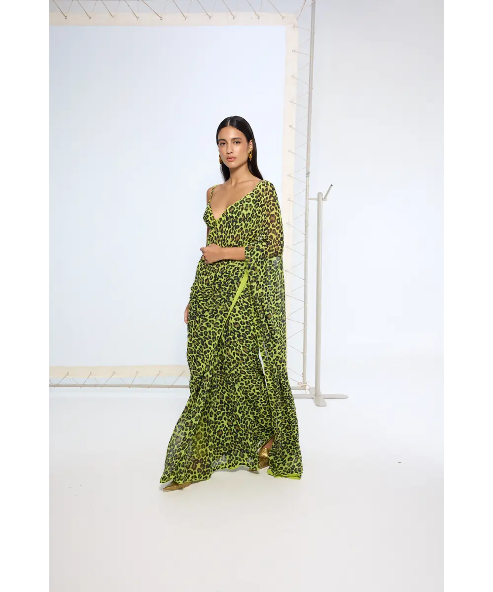 EKAYA BANARAS - Green Leopard Print Saree